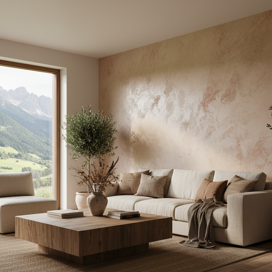 Wohnzimmerwand mit Spachteltechnik in Betonoptik