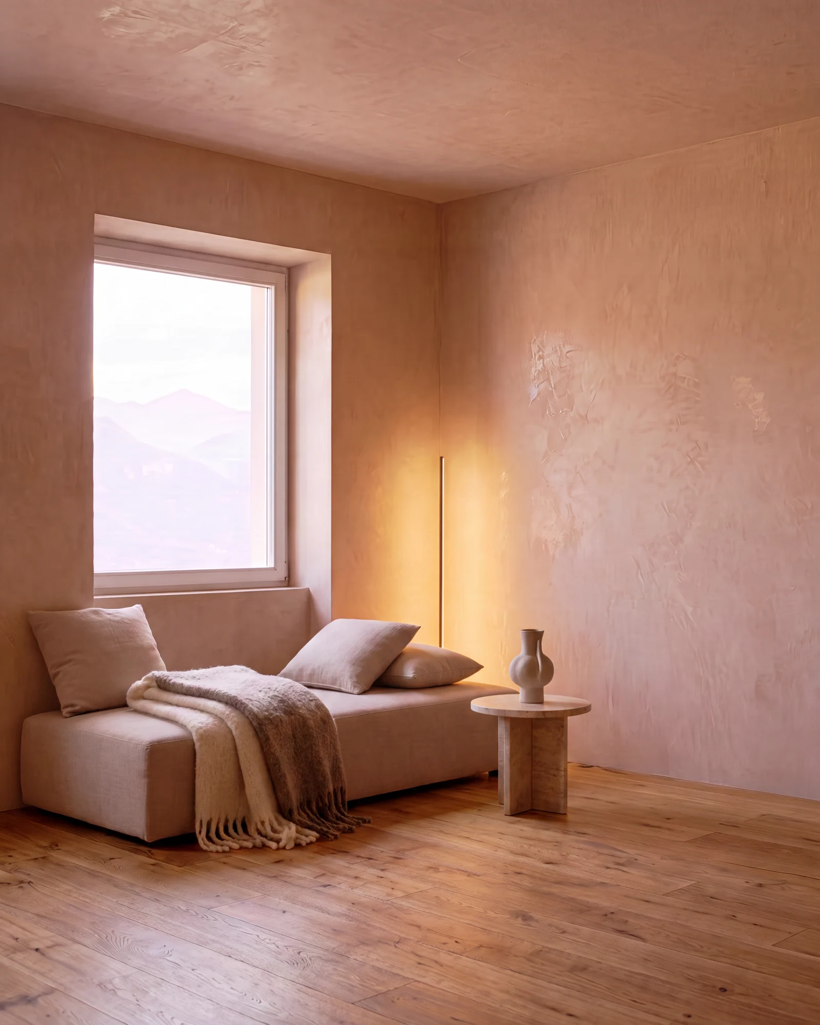 Wohnraum mit erster Interior-Design-Möblierung und warmem Licht