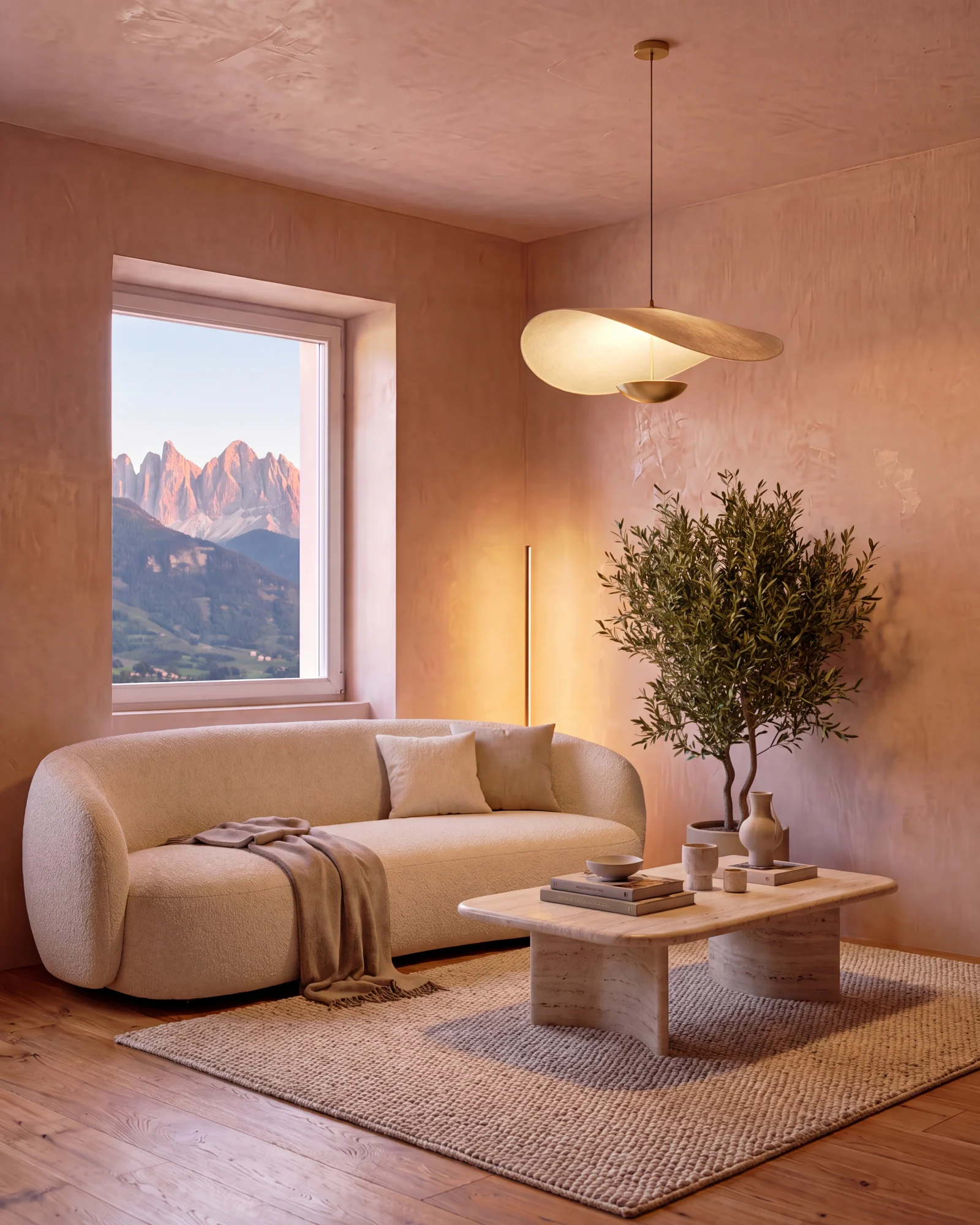 Fertig gestalteter, hochwertiger Wohnraum mit Blick auf die Dolomiten