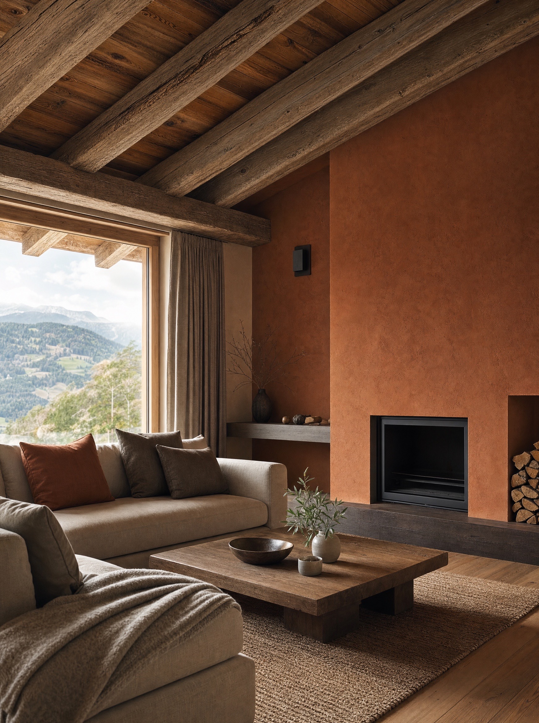 Fertig gestalteter Wohnraum mit Kalkputz-Akzentwand, Kamin und Bergblick