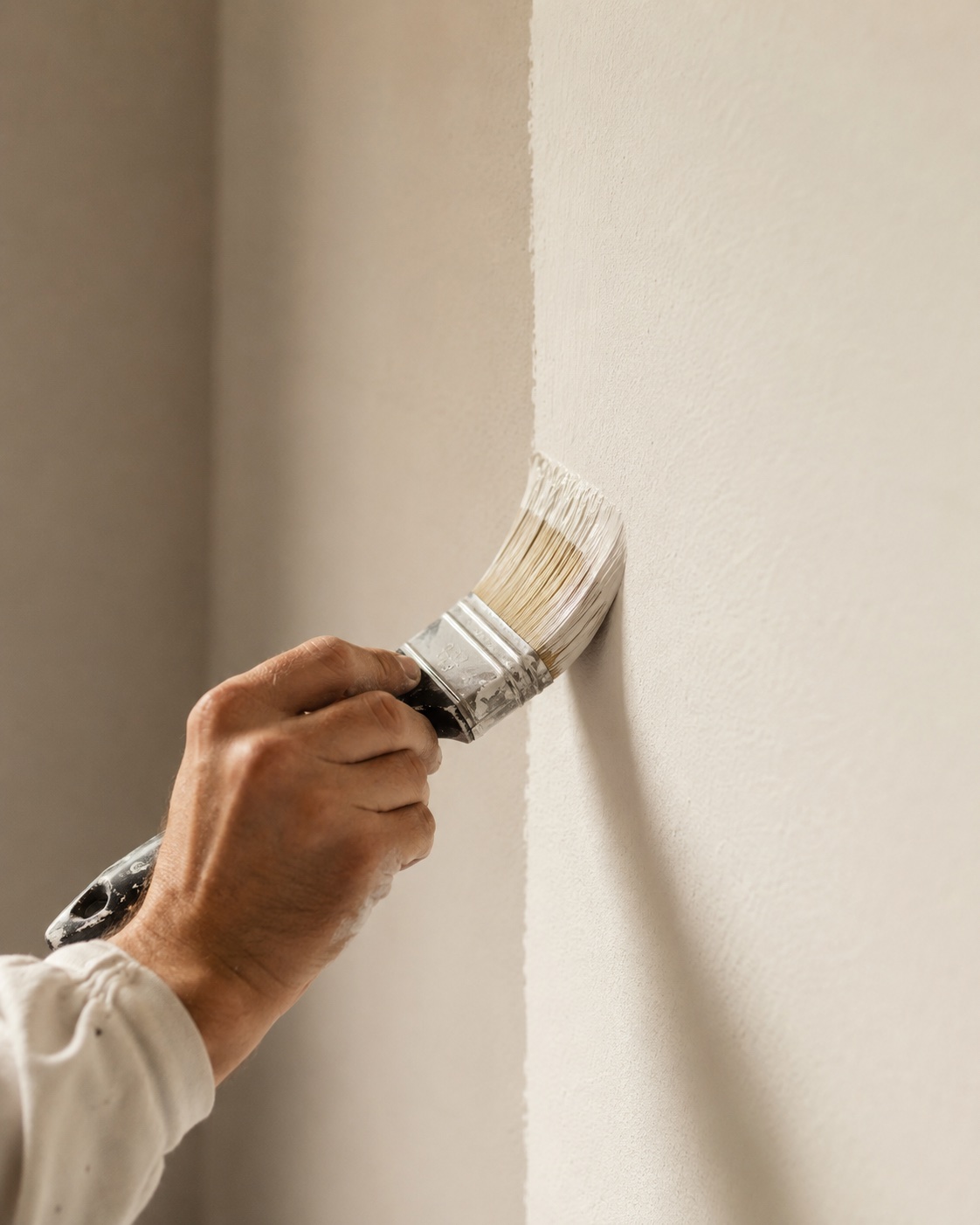 Nahaufnahme einer frisch gestrichenen Wand mit sauberer Farbkante