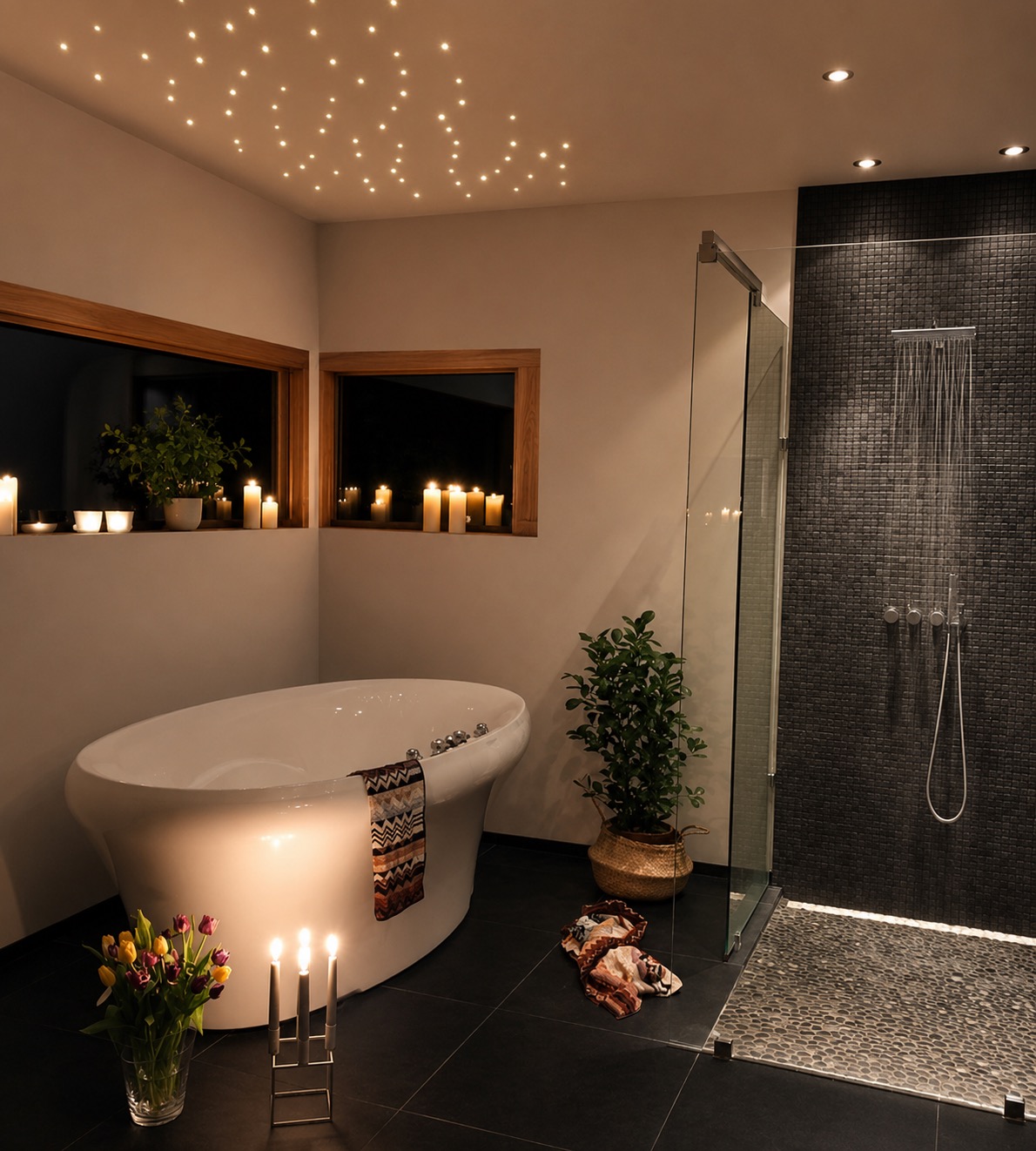 Bad mit freistehender Wanne, begehbarer Dusche und Sternenhimmel-Deckenbeleuchtung